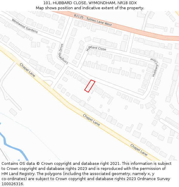 101, HUBBARD CLOSE, WYMONDHAM, NR18 0DX: Location map and indicative extent of plot