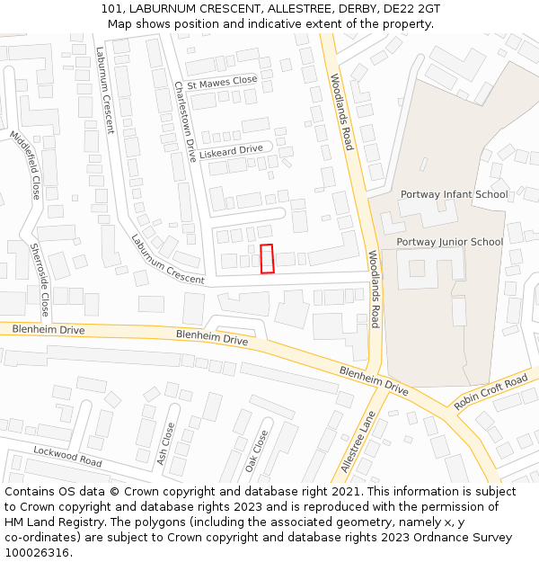 101, LABURNUM CRESCENT, ALLESTREE, DERBY, DE22 2GT: Location map and indicative extent of plot