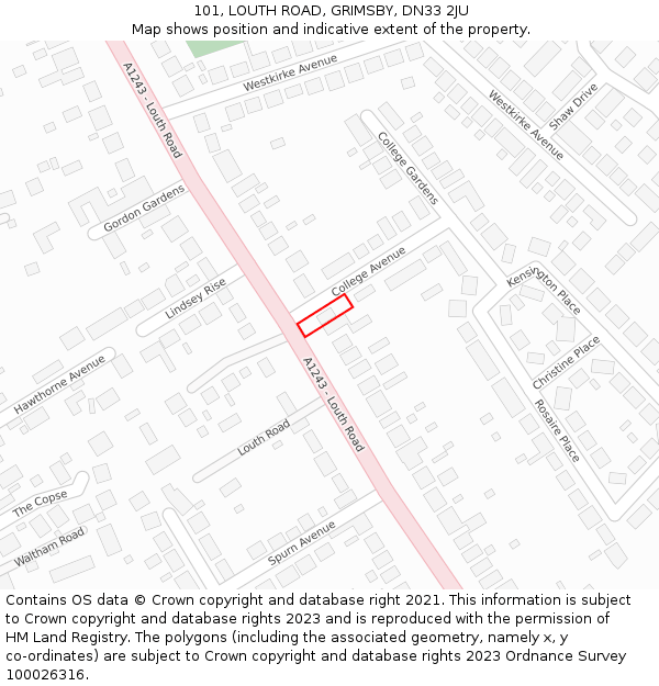 101, LOUTH ROAD, GRIMSBY, DN33 2JU: Location map and indicative extent of plot