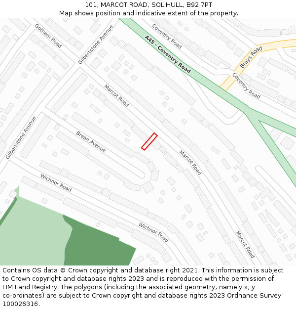 101, MARCOT ROAD, SOLIHULL, B92 7PT: Location map and indicative extent of plot