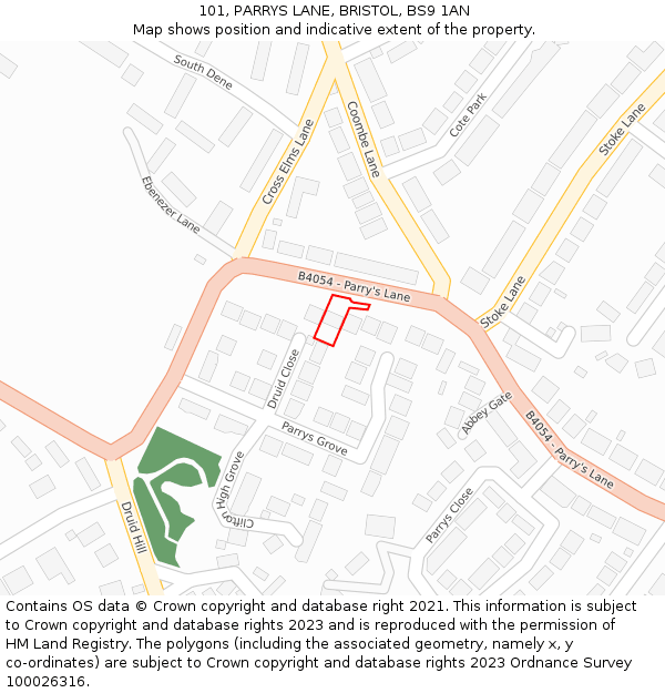 101, PARRYS LANE, BRISTOL, BS9 1AN: Location map and indicative extent of plot