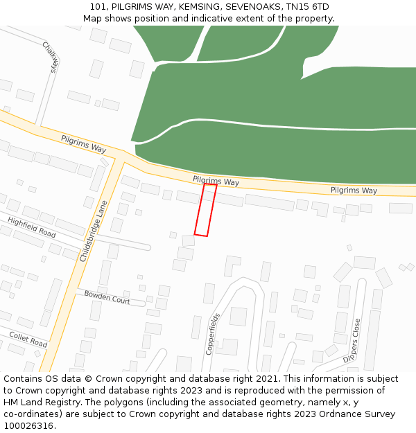 101, PILGRIMS WAY, KEMSING, SEVENOAKS, TN15 6TD: Location map and indicative extent of plot