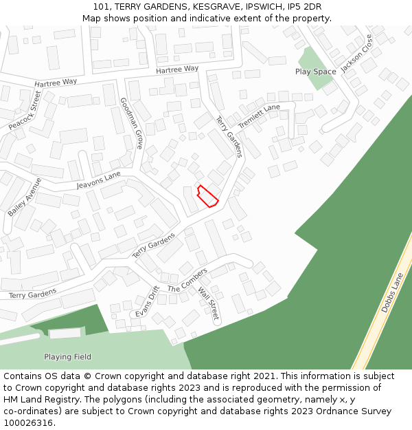 101, TERRY GARDENS, KESGRAVE, IPSWICH, IP5 2DR: Location map and indicative extent of plot