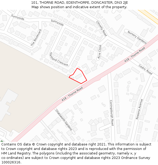 101, THORNE ROAD, EDENTHORPE, DONCASTER, DN3 2JE: Location map and indicative extent of plot