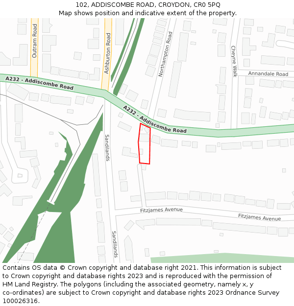 102, ADDISCOMBE ROAD, CROYDON, CR0 5PQ: Location map and indicative extent of plot