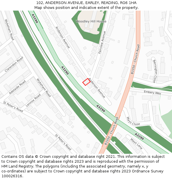 102, ANDERSON AVENUE, EARLEY, READING, RG6 1HA: Location map and indicative extent of plot