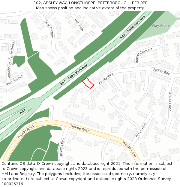 102, APSLEY WAY, LONGTHORPE, PETERBOROUGH, PE3 9PF: Location map and indicative extent of plot
