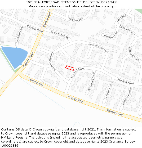 102, BEAUFORT ROAD, STENSON FIELDS, DERBY, DE24 3AZ: Location map and indicative extent of plot