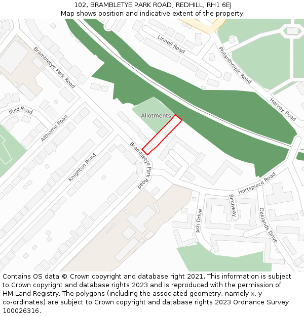 102, BRAMBLETYE PARK ROAD, REDHILL, RH1 6EJ: Location map and indicative extent of plot