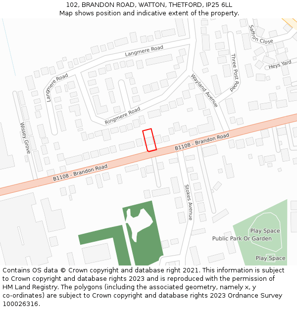 102, BRANDON ROAD, WATTON, THETFORD, IP25 6LL: Location map and indicative extent of plot