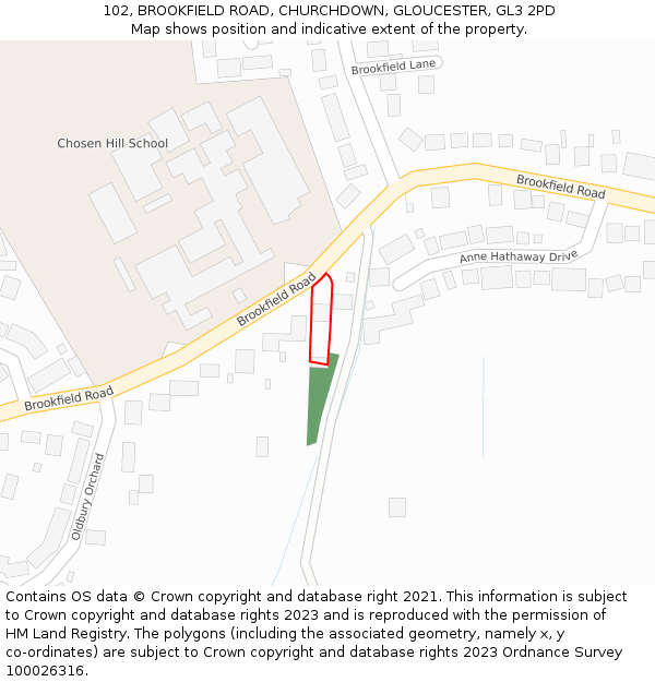 102, BROOKFIELD ROAD, CHURCHDOWN, GLOUCESTER, GL3 2PD: Location map and indicative extent of plot