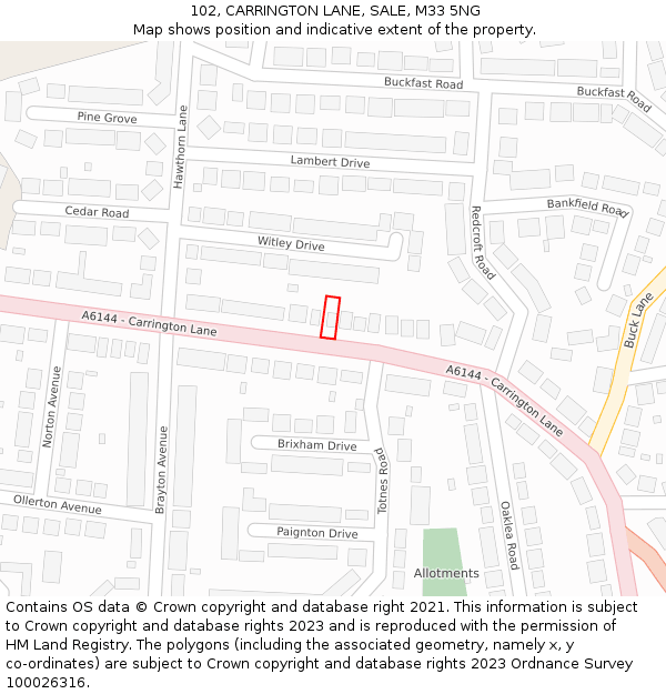 102, CARRINGTON LANE, SALE, M33 5NG: Location map and indicative extent of plot