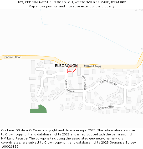 102, CEDERN AVENUE, ELBOROUGH, WESTON-SUPER-MARE, BS24 8PD: Location map and indicative extent of plot