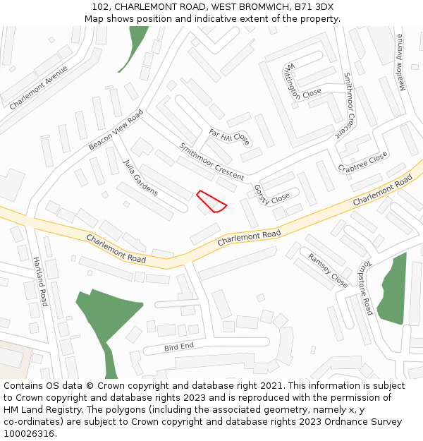 102, CHARLEMONT ROAD, WEST BROMWICH, B71 3DX: Location map and indicative extent of plot