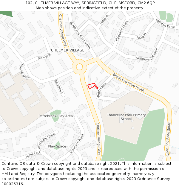 102, CHELMER VILLAGE WAY, SPRINGFIELD, CHELMSFORD, CM2 6QP: Location map and indicative extent of plot