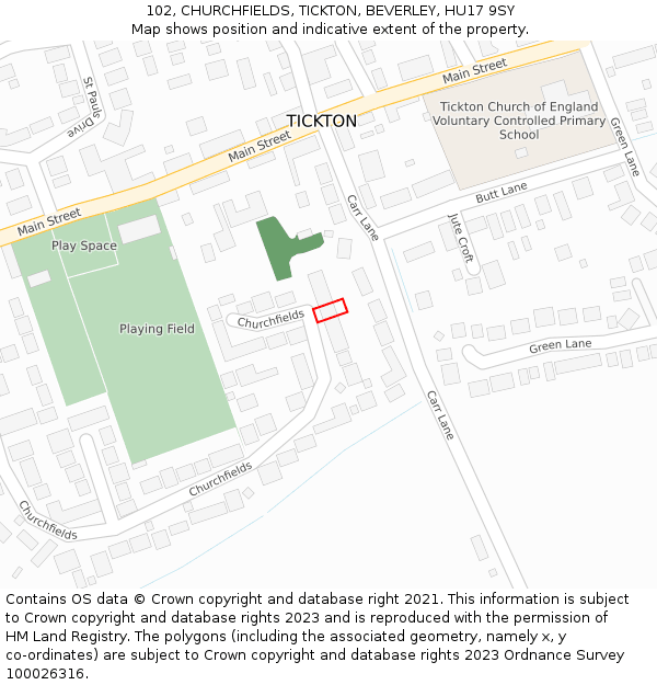 102, CHURCHFIELDS, TICKTON, BEVERLEY, HU17 9SY: Location map and indicative extent of plot