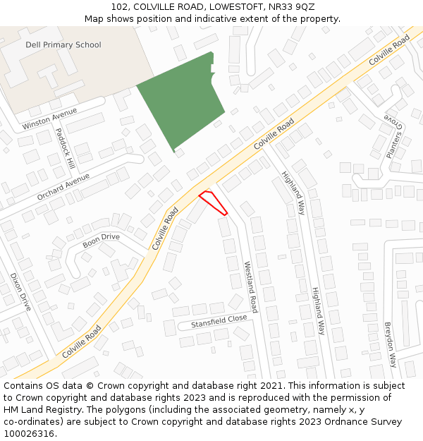 102, COLVILLE ROAD, LOWESTOFT, NR33 9QZ: Location map and indicative extent of plot