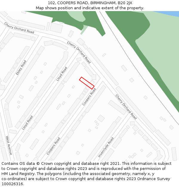 102, COOPERS ROAD, BIRMINGHAM, B20 2JX: Location map and indicative extent of plot