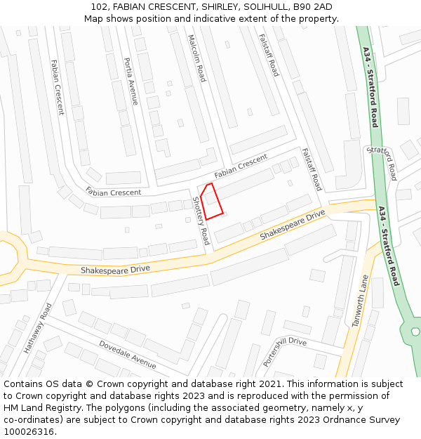 102, FABIAN CRESCENT, SHIRLEY, SOLIHULL, B90 2AD: Location map and indicative extent of plot
