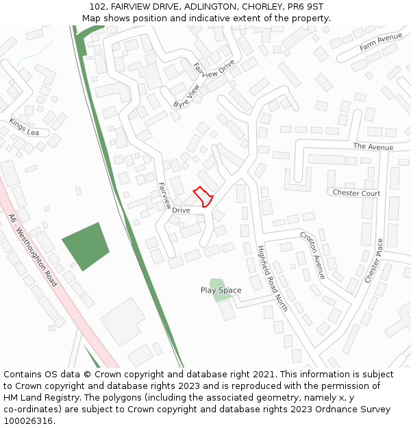 102, FAIRVIEW DRIVE, ADLINGTON, CHORLEY, PR6 9ST: Location map and indicative extent of plot