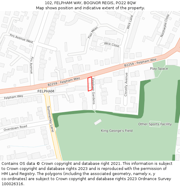 102, FELPHAM WAY, BOGNOR REGIS, PO22 8QW: Location map and indicative extent of plot