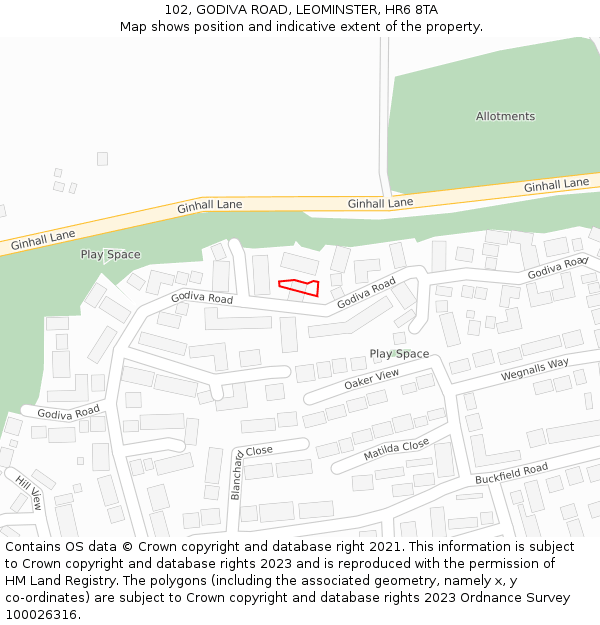 102, GODIVA ROAD, LEOMINSTER, HR6 8TA: Location map and indicative extent of plot