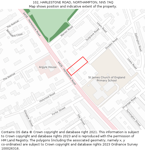 102, HARLESTONE ROAD, NORTHAMPTON, NN5 7AQ: Location map and indicative extent of plot