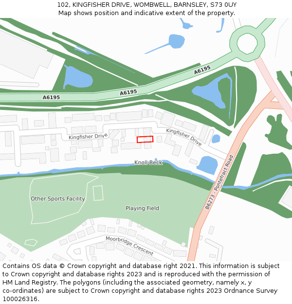 102, KINGFISHER DRIVE, WOMBWELL, BARNSLEY, S73 0UY: Location map and indicative extent of plot
