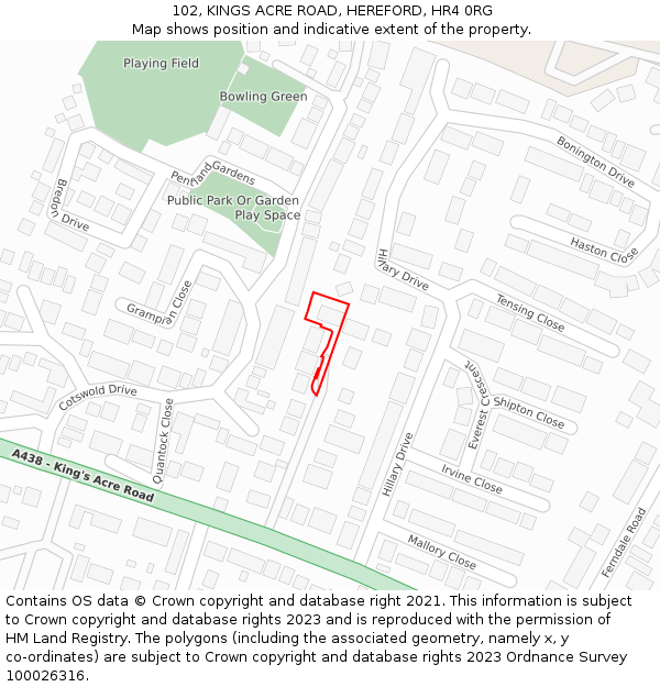 102, KINGS ACRE ROAD, HEREFORD, HR4 0RG: Location map and indicative extent of plot