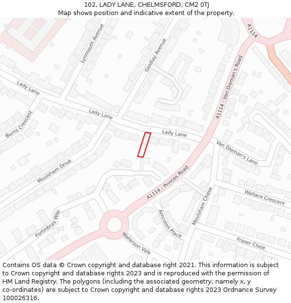 102, LADY LANE, CHELMSFORD, CM2 0TJ: Location map and indicative extent of plot