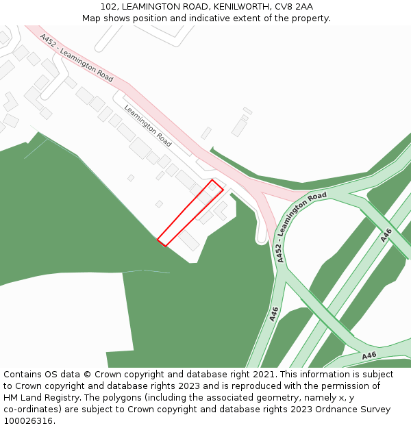 102, LEAMINGTON ROAD, KENILWORTH, CV8 2AA: Location map and indicative extent of plot