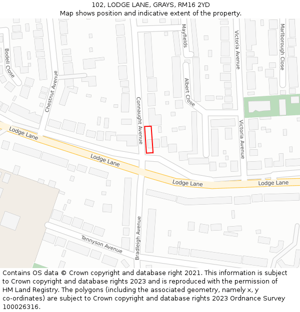 102, LODGE LANE, GRAYS, RM16 2YD: Location map and indicative extent of plot