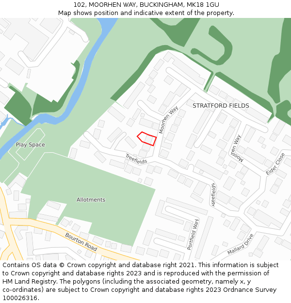 102, MOORHEN WAY, BUCKINGHAM, MK18 1GU: Location map and indicative extent of plot