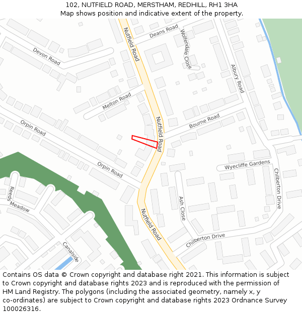 102, NUTFIELD ROAD, MERSTHAM, REDHILL, RH1 3HA: Location map and indicative extent of plot