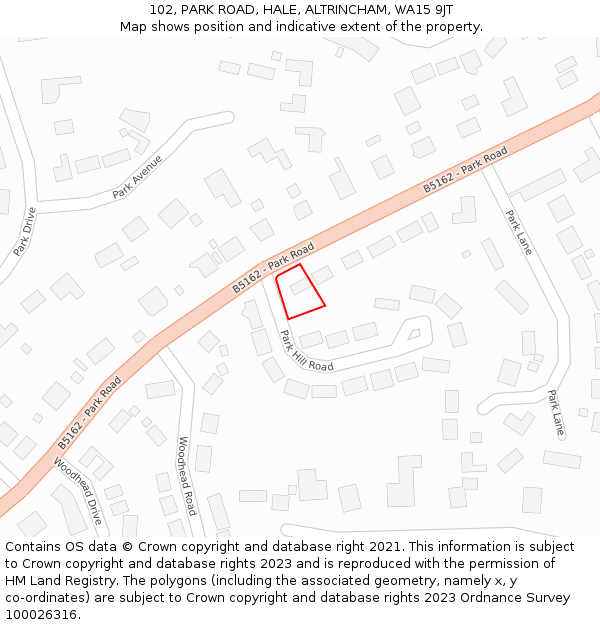 102, PARK ROAD, HALE, ALTRINCHAM, WA15 9JT: Location map and indicative extent of plot