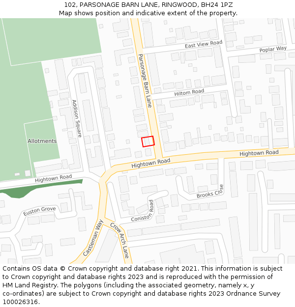 102, PARSONAGE BARN LANE, RINGWOOD, BH24 1PZ: Location map and indicative extent of plot