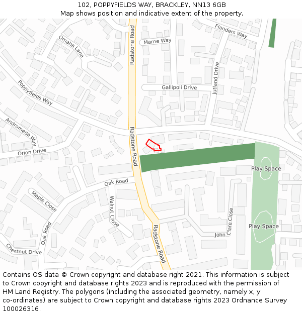 102, POPPYFIELDS WAY, BRACKLEY, NN13 6GB: Location map and indicative extent of plot