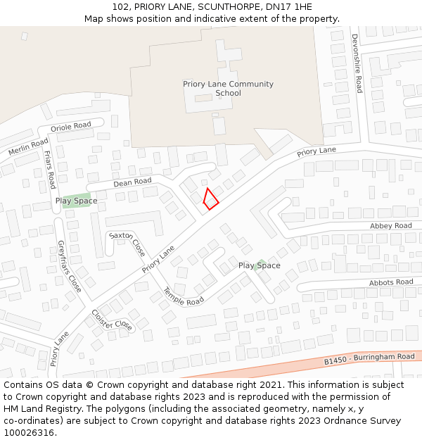 102, PRIORY LANE, SCUNTHORPE, DN17 1HE: Location map and indicative extent of plot
