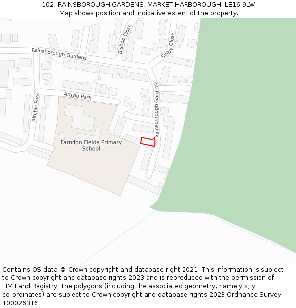 102, RAINSBOROUGH GARDENS, MARKET HARBOROUGH, LE16 9LW: Location map and indicative extent of plot