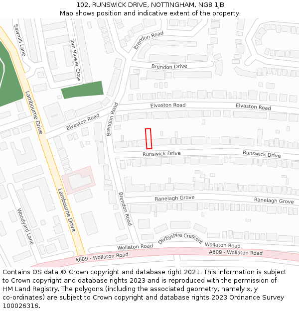 102, RUNSWICK DRIVE, NOTTINGHAM, NG8 1JB: Location map and indicative extent of plot