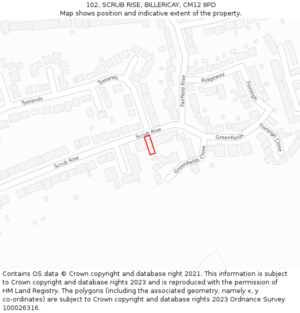 102, SCRUB RISE, BILLERICAY, CM12 9PD: Location map and indicative extent of plot