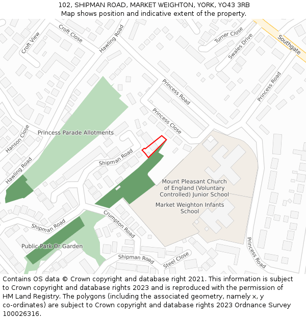 102, SHIPMAN ROAD, MARKET WEIGHTON, YORK, YO43 3RB: Location map and indicative extent of plot