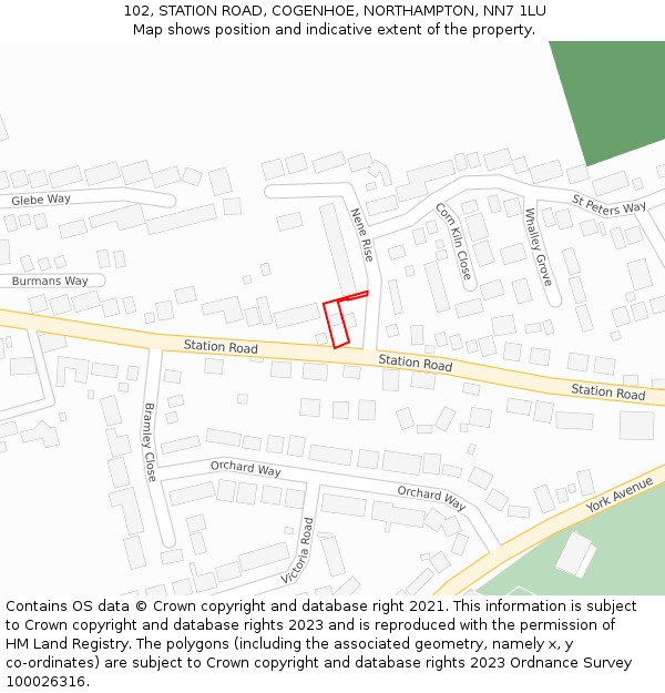 102, STATION ROAD, COGENHOE, NORTHAMPTON, NN7 1LU: Location map and indicative extent of plot
