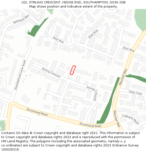 102, STIRLING CRESCENT, HEDGE END, SOUTHAMPTON, SO30 2SB: Location map and indicative extent of plot