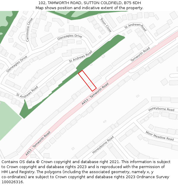 102, TAMWORTH ROAD, SUTTON COLDFIELD, B75 6DH: Location map and indicative extent of plot