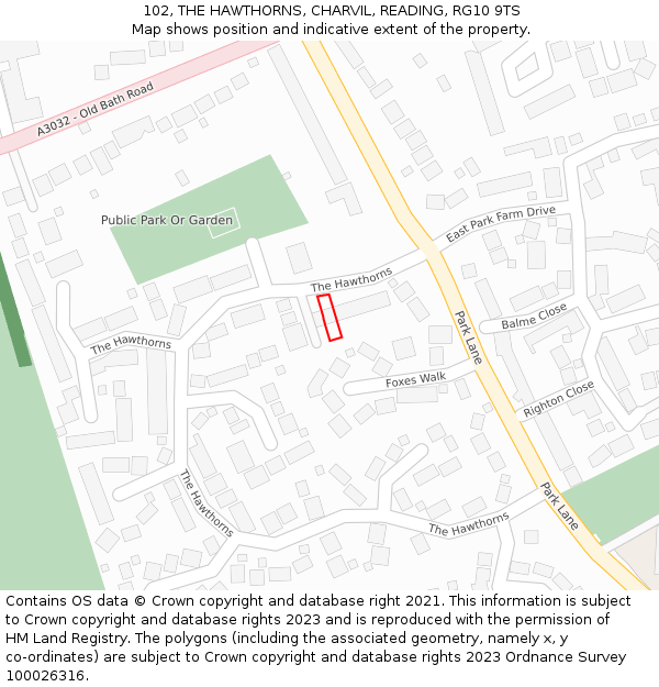 102, THE HAWTHORNS, CHARVIL, READING, RG10 9TS: Location map and indicative extent of plot
