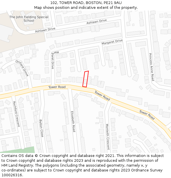 102, TOWER ROAD, BOSTON, PE21 9AU: Location map and indicative extent of plot