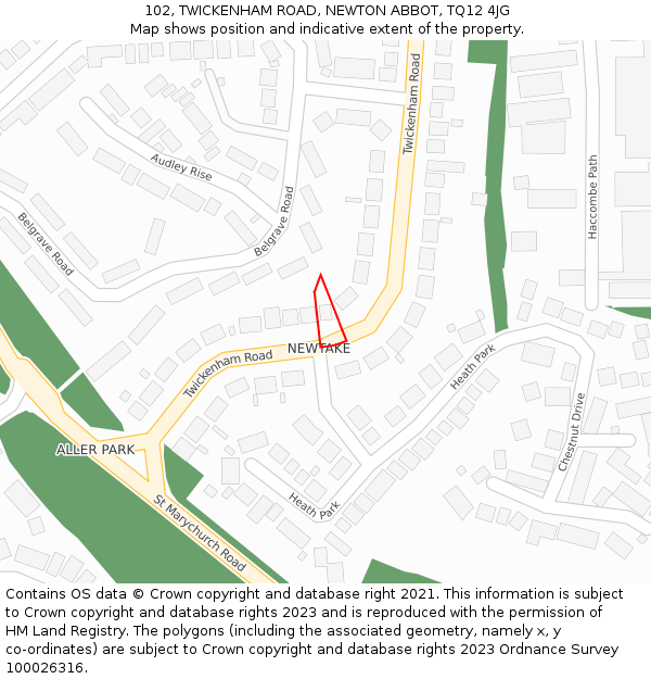 102, TWICKENHAM ROAD, NEWTON ABBOT, TQ12 4JG: Location map and indicative extent of plot