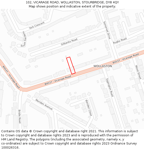 102, VICARAGE ROAD, WOLLASTON, STOURBRIDGE, DY8 4QY: Location map and indicative extent of plot