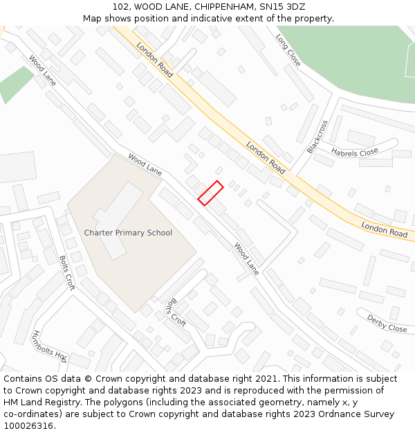 102, WOOD LANE, CHIPPENHAM, SN15 3DZ: Location map and indicative extent of plot